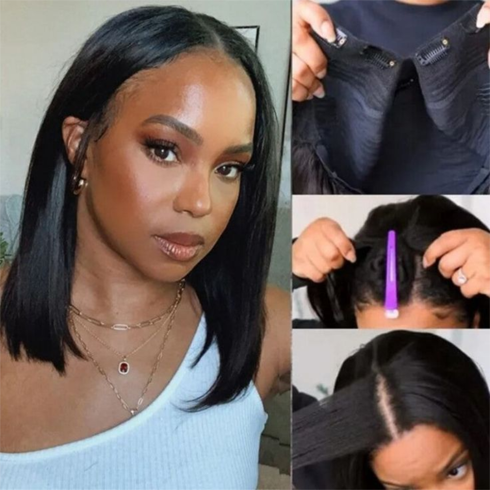 Straight Short Bob Wig V Part Wig Ny volon'olombelona Tsy misy miala amin'ny Glueless Straight Wig feno milina vita amin'ny milina fohy Bob Wigs ho an'ny vehivavy