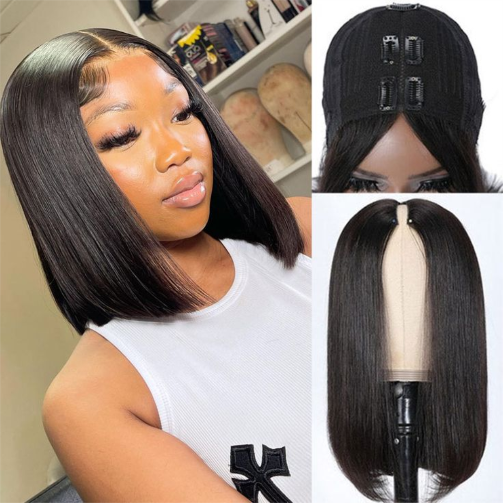 Straight Short Bob Wig V Part Wig Ny volon'olombelona Tsy misy miala amin'ny Glueless Straight Wig feno milina vita amin'ny milina fohy Bob Wigs ho an'ny vehivavy